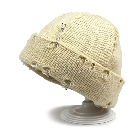 Distressed Ring Beanie Hat for Women Men Slouchy Skull Cap - color: Beige