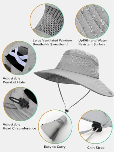 EW East Water Sun Beach Hat for Women, UPF50+ Waterproof with Ponytail Hole - color: Grey