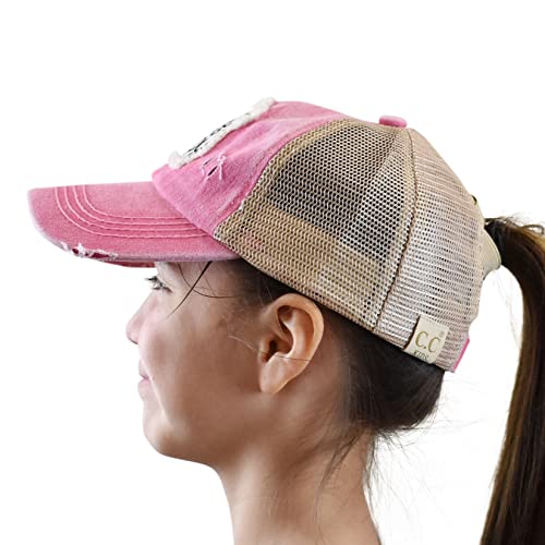 C.C. Childrens' Kids' Girls' Criss Cross High Bun Adjustable Mesh Trucker Baseball Cap - color: Bee Happy, Pink