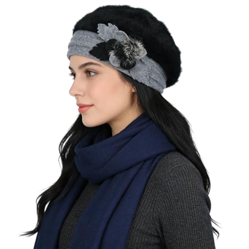 Women’s Vintage Wool Beret Winter Hats Elegant French Beret Beanie Dress Hat for Ladies - color: Br022-black