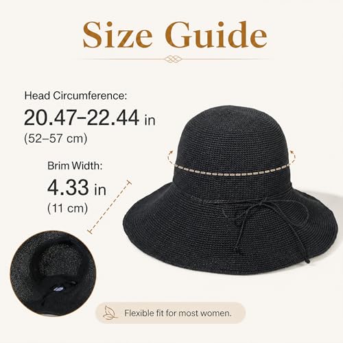 Beach Sun Hats for Women Foldable Straw Bucket Summer Hat Packable Travel - color: Black