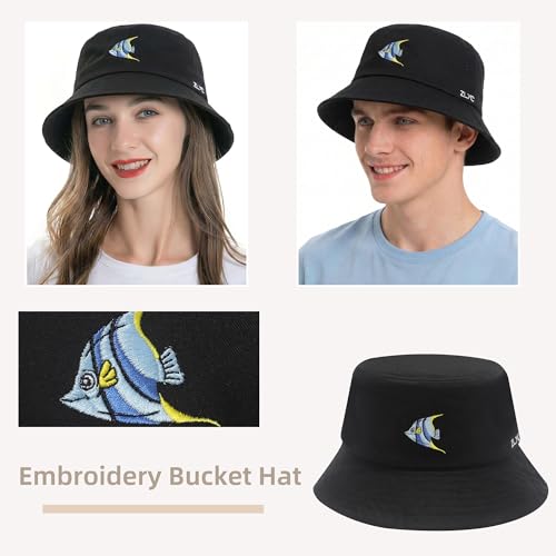 ZLYC Cotton Bucket Hat for Women Men Embroidered Packable Summer Sun Cap - color: Blue Angelfish Black