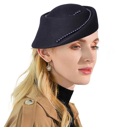 Small Top Hats for Women Elegant Winter Vintage Beret Wool Felt Fedoras Ladies Luxury Wedding and Church Cap Female - color: Navy Blue 2