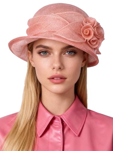 HIMESPORT Retro Sinamay Veil Flower Bride Wedding Fascinator Hat Feather Bowler Hat Hair Accessory Banquet Cocktail Party - color: Pinkish Orange