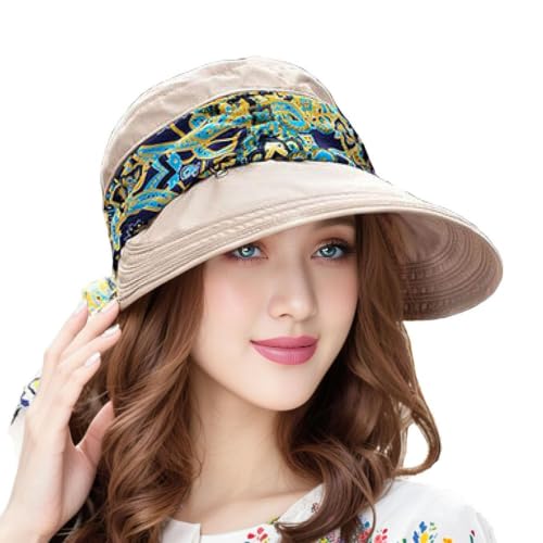 Women Wide Brim Sun Hat Multifunctional Beach Hat Foldable Sun Visor with Removable Neck Flap Bowknot - color: Khaki