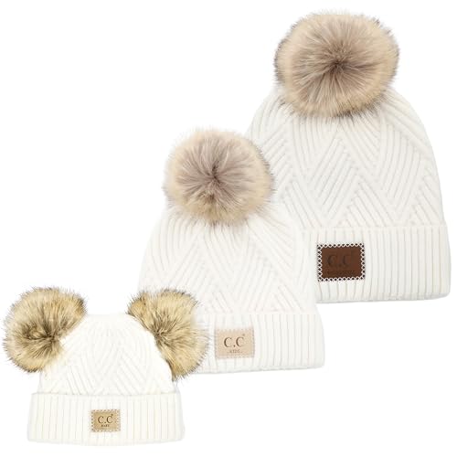 Funky Junque Mommy & Me Double Pom Beanies 3-Pack Matching Winter Hats for Mom, Toddler & Infant Girls, Cozy Knit Family Set - color: Diagonal Basketweave - White