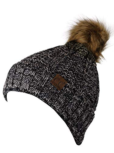 C.C Thick Cable Knit Faux Fuzzy Fur Pom Fleece Lined Skull Cap Cuff Beanie - color: 3 Tone Gray