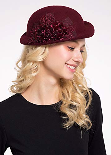 ORIDOOR Women Vintage 100% Wool Felt Flowers Bucket Cloche Bowler Hat Church Wedding Beret Hat - color: J01- Wine
