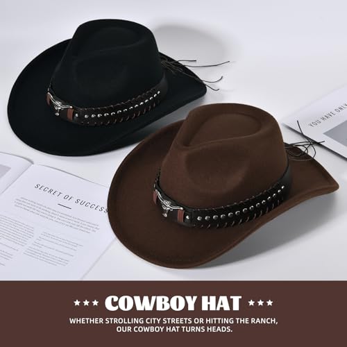 Classic Western Cowboy Hat Cowgirl Hat Unisex Men's & Women's Wide Brim Felt Fedora Hat Flat Top with Buckle Belt - color: Black 6#, size: 7-7 1/4