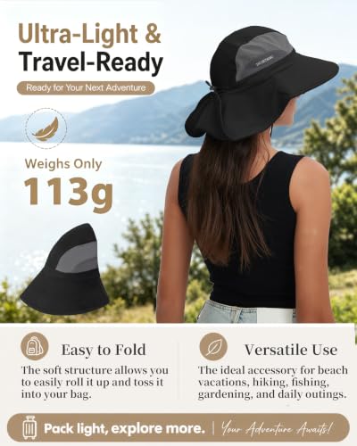 Sun Hat UPF50+, Breathable Wide Brim Bucket Hat Outdoor for Hiking Garden - color: Black