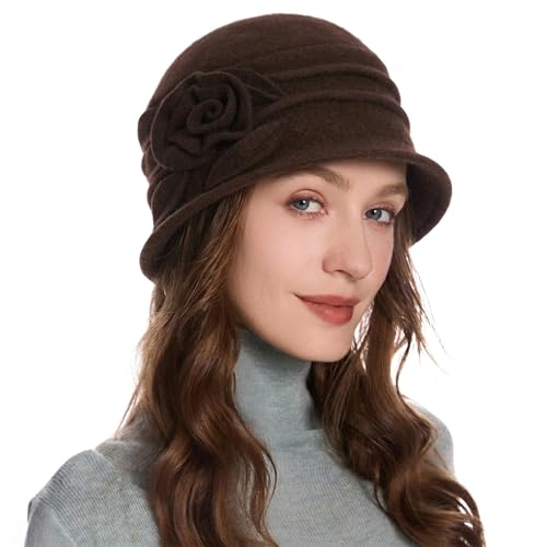 ZLYC Women Wool Cloche Bucket Hat 1920s Vintage Winter Hat with Flower - color: Floral Coffee