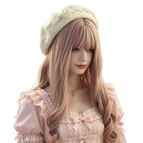 JIAHG Women Girls Sweet Lolita Beret Hat with Detachable Bowknot Painter Hat Woolen French Style Artist Beret Winter Cap - color: Off White Beret With White Bow