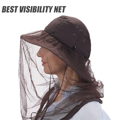 USHAKE Head Net Hat, Safari Hat Sun Hat Bucket Hat with Hidden Net Mesh - color: Dark Brown