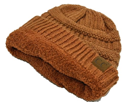 C.C Unisex Chunky Soft Stretch Cable Knit Warm Fuzzy Lined Skully Beanie - color: Clay