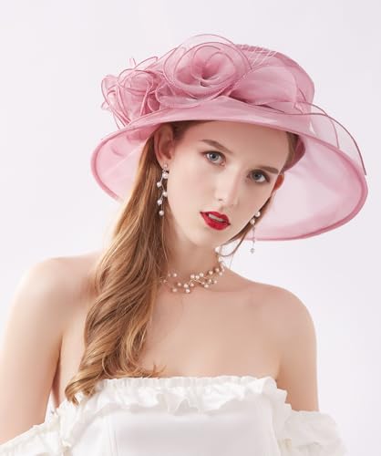 Women Organza Kentucky Hat Fascinator Tea Party Derby Hat Feather Wedding Church Head Ornament Sun Hats - color: 017-pink Purple