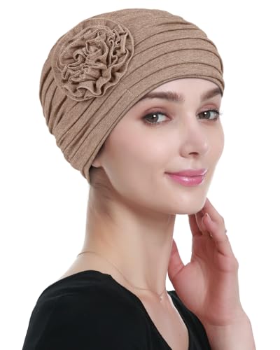 Alnorm Flower Design Chemo Hair Loss Caps Cancer Headwear for Women - color: Light Hemp Camel