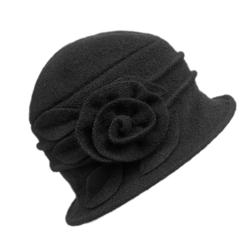 Women Cloche Bucket Hat 1920s Vintage Dress Winter Hats - color: Flower Black