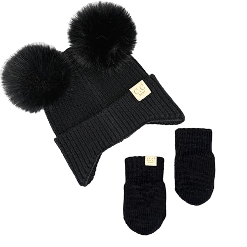 Funky Junque Baby Double Faux Fur Pom Pom Beanie & Mittens Set – Newborn Infant 0–9 Months Winter Hat with Soft Lined Mittens - color: Ear Flap Black W/ Black Mittens (0-9 Months)