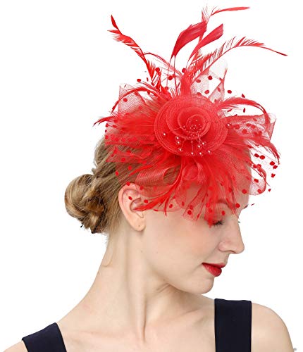 Fascinators Hat for Women Tea Party Headband Kentucky Derby Wedding Flower Cocktail Mesh Feathers Hair Clip - color: 1-red