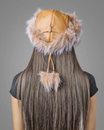 DLNYC Women’s Faux Leather Winter Hat with Faux Fur Trim, Soft Lined Cap with Hanging Cords & Pom-Poms, Warm Stylish Hat - color: Camel & Crystal