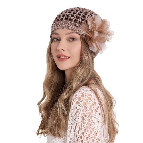 ZLYC Women Crochet Beanie Hat Summer Handmade Knit Decorated Skull Cap - color: Floral Champagne