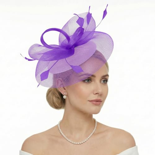 tiggell Fascinators Tea Party Hat for Women, Fascinator with Pillbox Hat - color: Purple