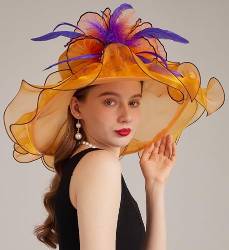 Women Derby Church Hat Organza Flower Wedding Tea Party Fascinator Wide Brim Sun Hat - color: 16-orange