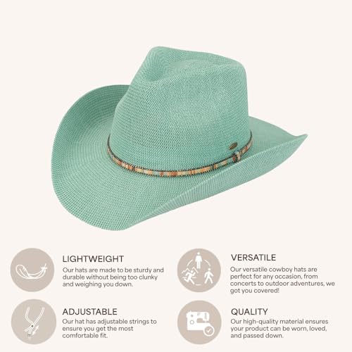 C.C Knitted Cowboy Hat for Women Lightweight Woven Western Hat with Multicolor Trim Band, Wide Brim Summer Sun Hat - color: Mint