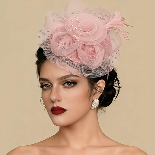 DRESHOW Fascinators Hats for Women Tea Party Hat Vintage Derby Pillbox Kentucky Hat Church Cocktail Headwear - color: 1 Pack Flower Feathers: Nude Pink