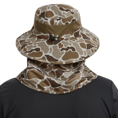 BASSDASH UPF 50+ Breathable Sun Hat with Removable Face Cover and Neck Flap Wide Brim Bucket Hat for Fishing Hiking Men Women - color: Camel Brown Block Camo