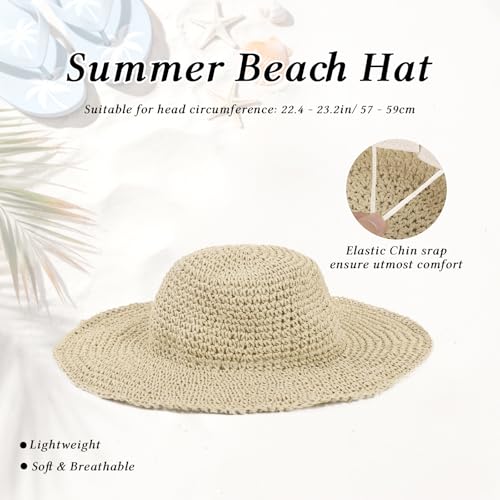 Womens Wide Brim Straw Sun Hat, Floppy Summer Straw Beach Hats, Foldable Crochet Summer Travel Beach Sun Cap - color: Beige