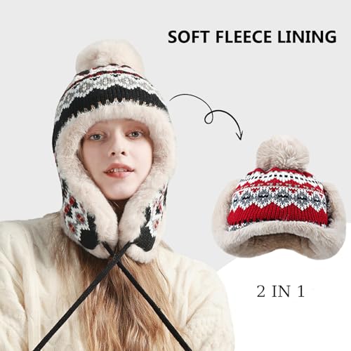 haozaikeji Women Winter Trapper Hat Faux Fur Knit Beanie Hat Thermal Earflap Outdoor Cap Pompom Hats Ushanka Hats - color: Black