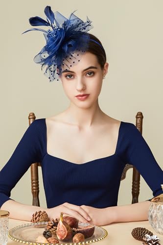 BABEYOND Fascinators Hats for Women Tea Party Flower Tulle Bead Derby Hat - color: Dark Blue