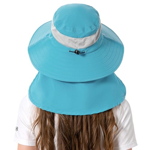 BASSDASH UPF 50+ Breathable Sun Hat with Removable Face Cover and Neck Flap Wide Brim Bucket Hat for Fishing Hiking Men Women - color: Light Blue