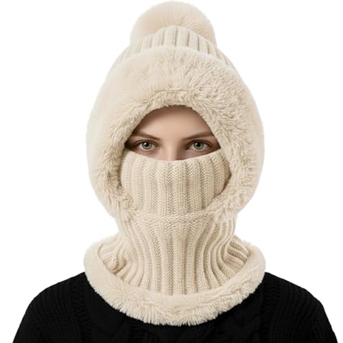 AQOKKA 3 in 1 Knit Fleece Lined Beanie Hat with Scarf and Mask Warm - color: Beige