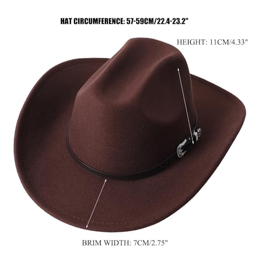 Men Women Wide Brim Western Cowboy Cowgirl Hats with Buckle Belt - color: Brown