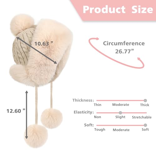 Winter Hats Cute Kint Hat Russian Fur Crochet Hat Slouchy Beanies with Pompom Warm Fuzzy Snow Cap Trapper Hat for Women - color: Beige