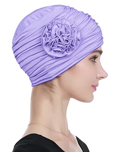 Alnorm Flower Design Chemo Hair Loss Caps Cancer Headwear for Women - color: Light Purple