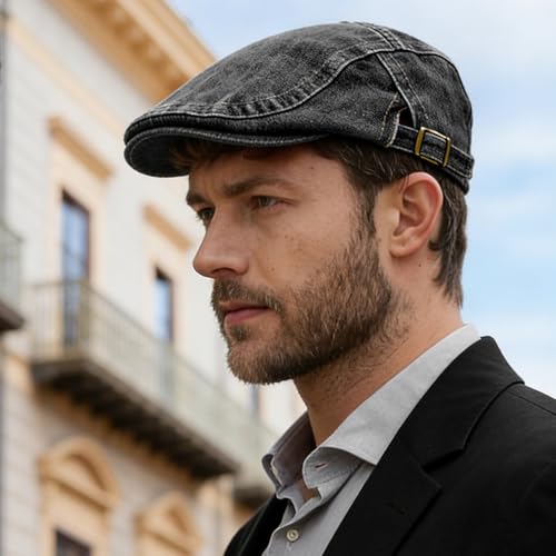 Mens Denim Newsboy Cap Ivy Gatsby Hunting Cabbie Driving Hats - color: A-black