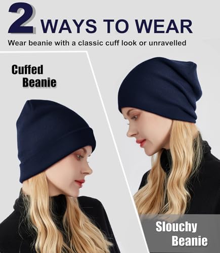 Womens Satin Lined Beanie Wool Silk Lining Slouchy Warm Skull Cap - color: 1pcs- Navy Blue