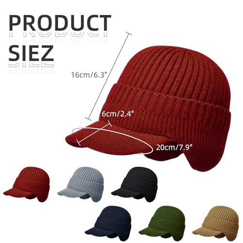 Men's Winter Hat with Brim, Warm Earflaps Hat for Men, Thick Fleece Lined Knit Winter Beanie Outdoor - color: Claret