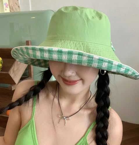 Sun Hats for Women Reversible Plaid Sun Cap Bucket Hat Wide Brim UV Protection Beach Hats 2025 Summer Travel Cap Fishing Hat - color: Green