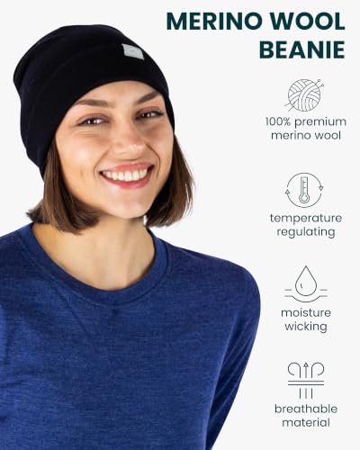 100% Merino Wool Beanie for Women, Men - Skull Cap 17.5um, Adult Hat Unisex - color: Black