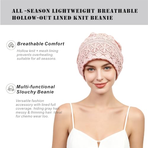 Women's Soft Lined Hollow Out Knit Slouchy Beanie - color: Pink