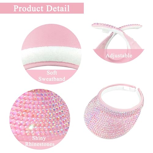 2 Pack Sparkly Rhinestone Clip on Visor Hats Women Men Sun Visors Hat Crystal Studded Shiny Sports Golf Beach Tennis Caps - color: Purple-pink