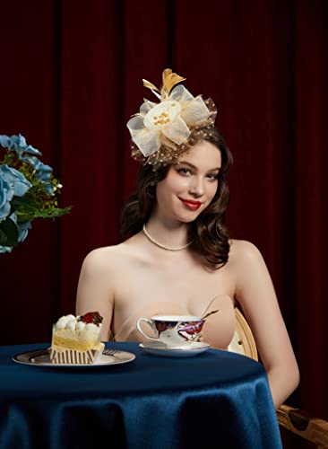 Kentucky Derby Fascinators for Women High Tea Party Hat Wedding Cocktail Flower Headware with Mesh and Feathers - color: Gold&beige