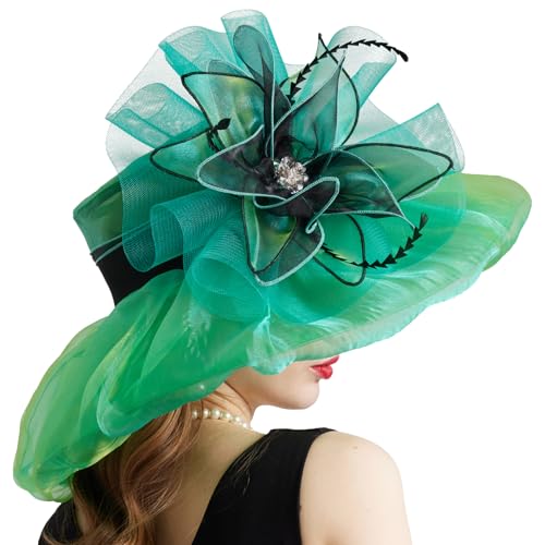 Women Organza Church Derby Hat Wide Brim Sun Caps for Wedding Tea Party Hat with Detachable hat Flower as Headgear - color: 10-green