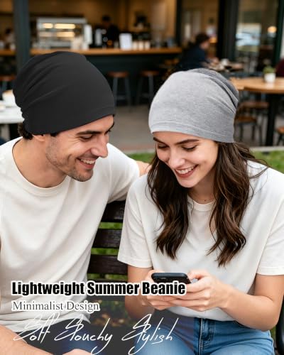 ROYBENS 100% Cotton Thin Slouchy Beanie Hat Women Men Lightweight Chemo Cap - color: 2pcs Black+light Grey