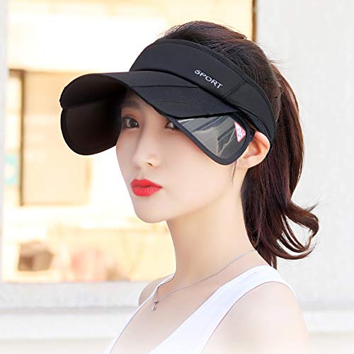 Summer Sun Visor Hat - Women Adjustable Golf Cap with Retractable Brim, UV Protection Beach/Tennis Sport Hat - color: Black