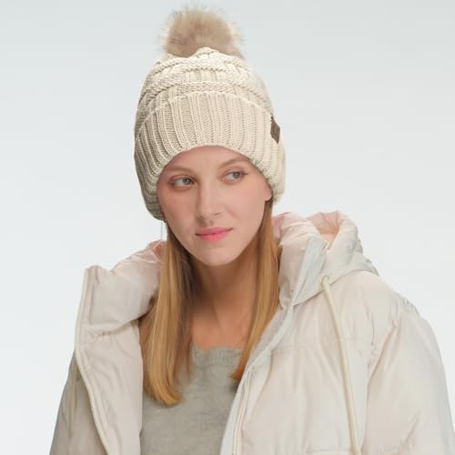 C.C Knit Beanie Hat – Fuzzy Fleece Lined Warm Winter Hat, Faux Fur Pom Soft Stretchy Slouchy Knit Cap, Cold Weather Beanie - color: Beige